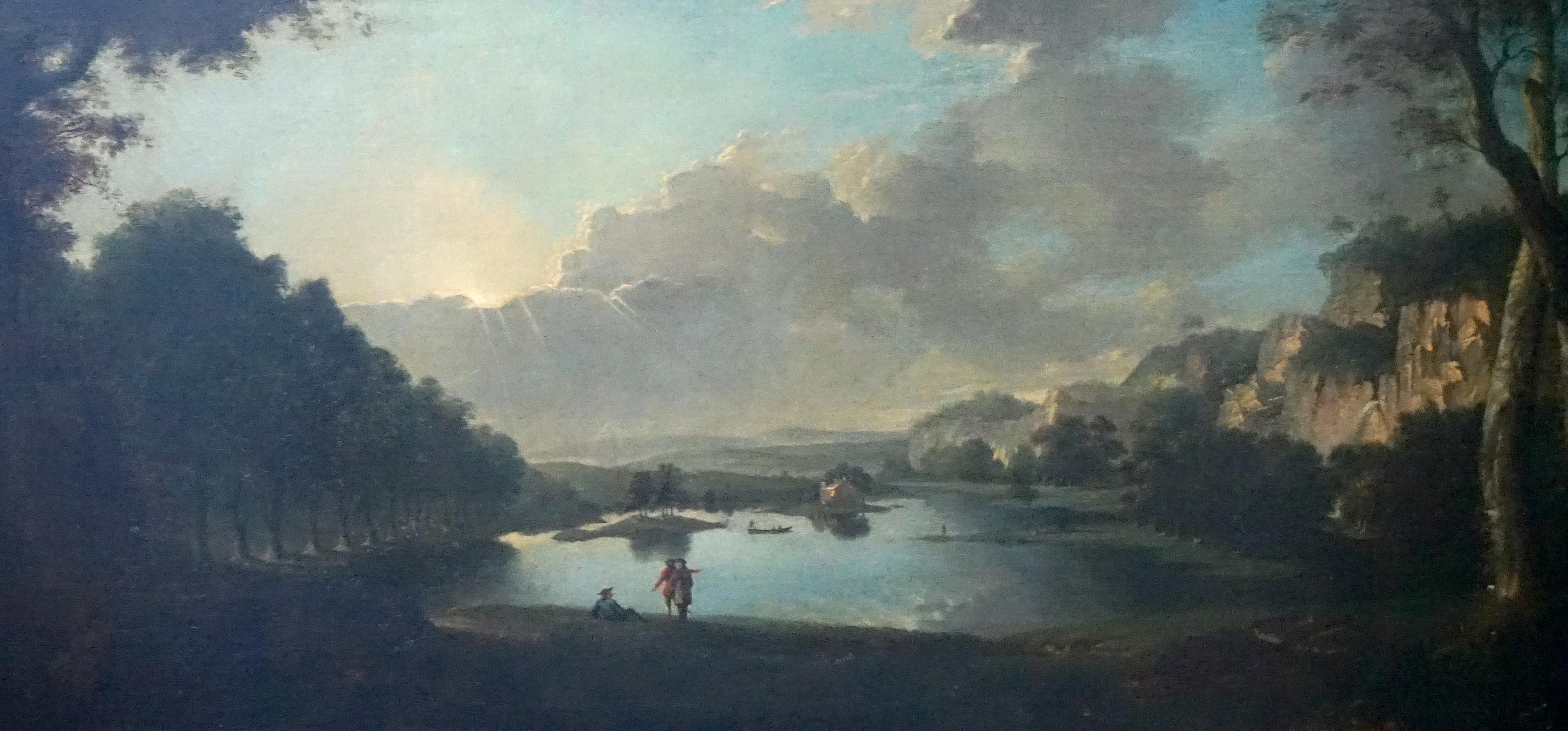 Attributed to George Lambert (English, 1710-1765), Extensive lake scene with figures in foreground, oil on canvas, 72 x 153cm